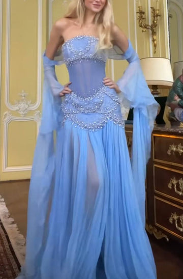A Line Off The Shoulder Maxi Long Party Light Blue Chiffon Prom Dresses Evening Dress SD2395